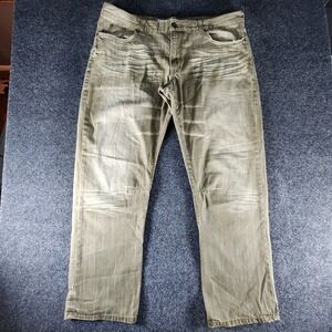 Akoo Mens Denim Jeans 42x32 Faded Olive Green Embroidered Straight Whiskered